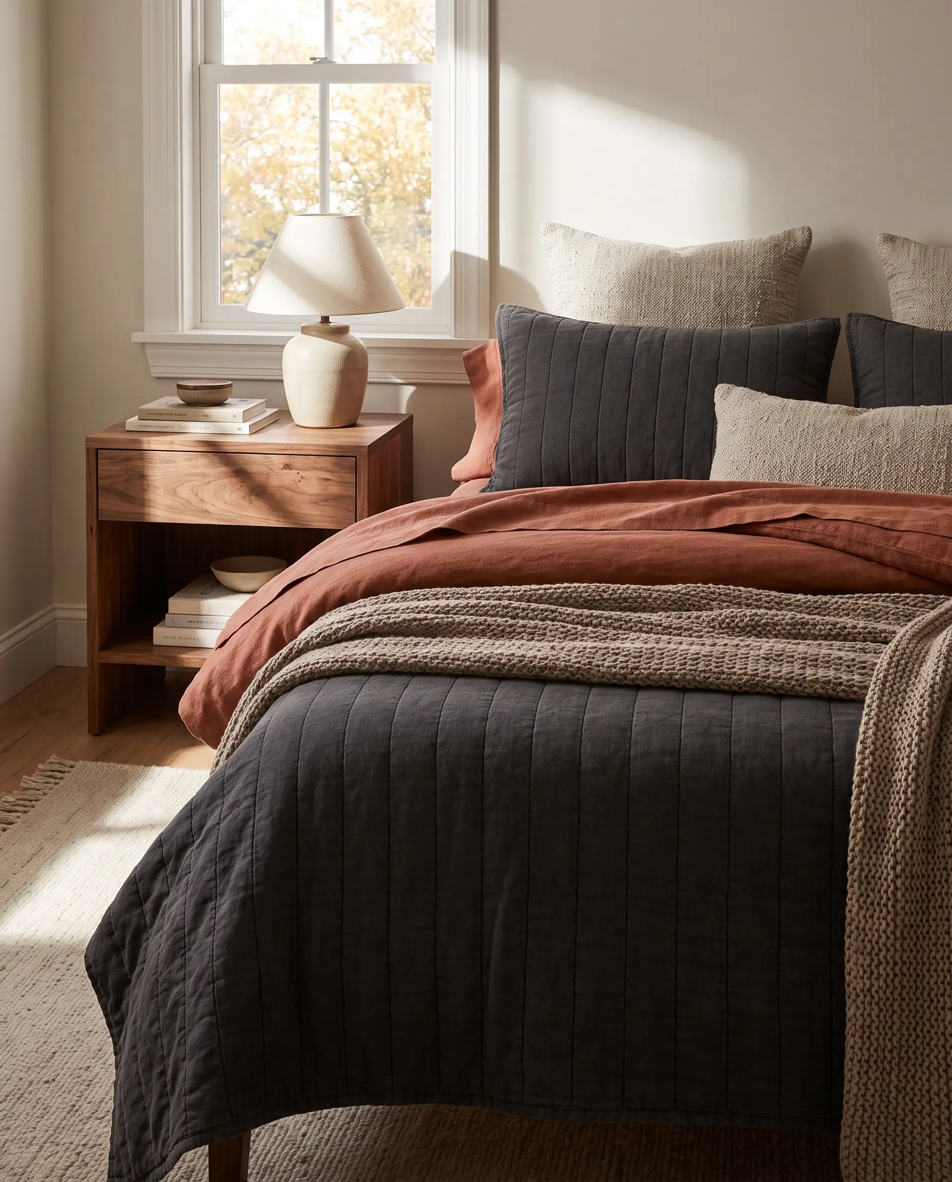 A heavy channel-stitched cotton coverlet layers meticulously beneath a folded stonewashed linen duvet next to a raw walnut nightstand.
