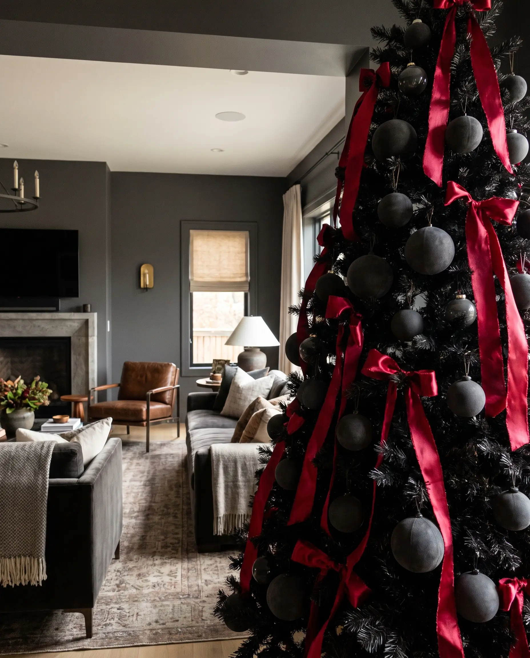 Sfere in suede grigio antracite opaco e nastri in seta rubino a taglio vivo impreziosiscono un albero sofisticato su pareti dipinte nella tonalità Peppercorn di Sherwin-Williams.