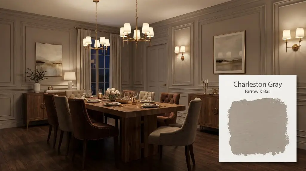 Warm chandelier light illuminates classic wall paneling and dark walnut flooring in a cozy dining room painted in Charleston Gray (Hex #9a9087).