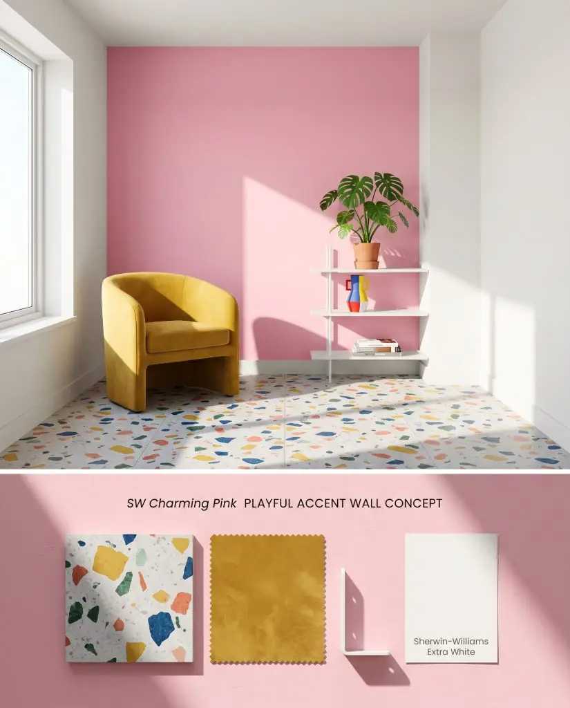 A dual-section visualization presenting a vibrant pink accent wall over a physical material board containing terrazzo tile and mustard yellow velvet.