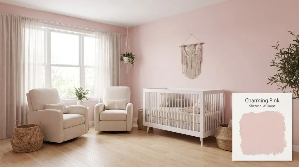 A plush cream glider and white spindle crib sit on light maple floors in a nursery painted Sherwin-Williams Charming Pink (Hex #EDD3D2).