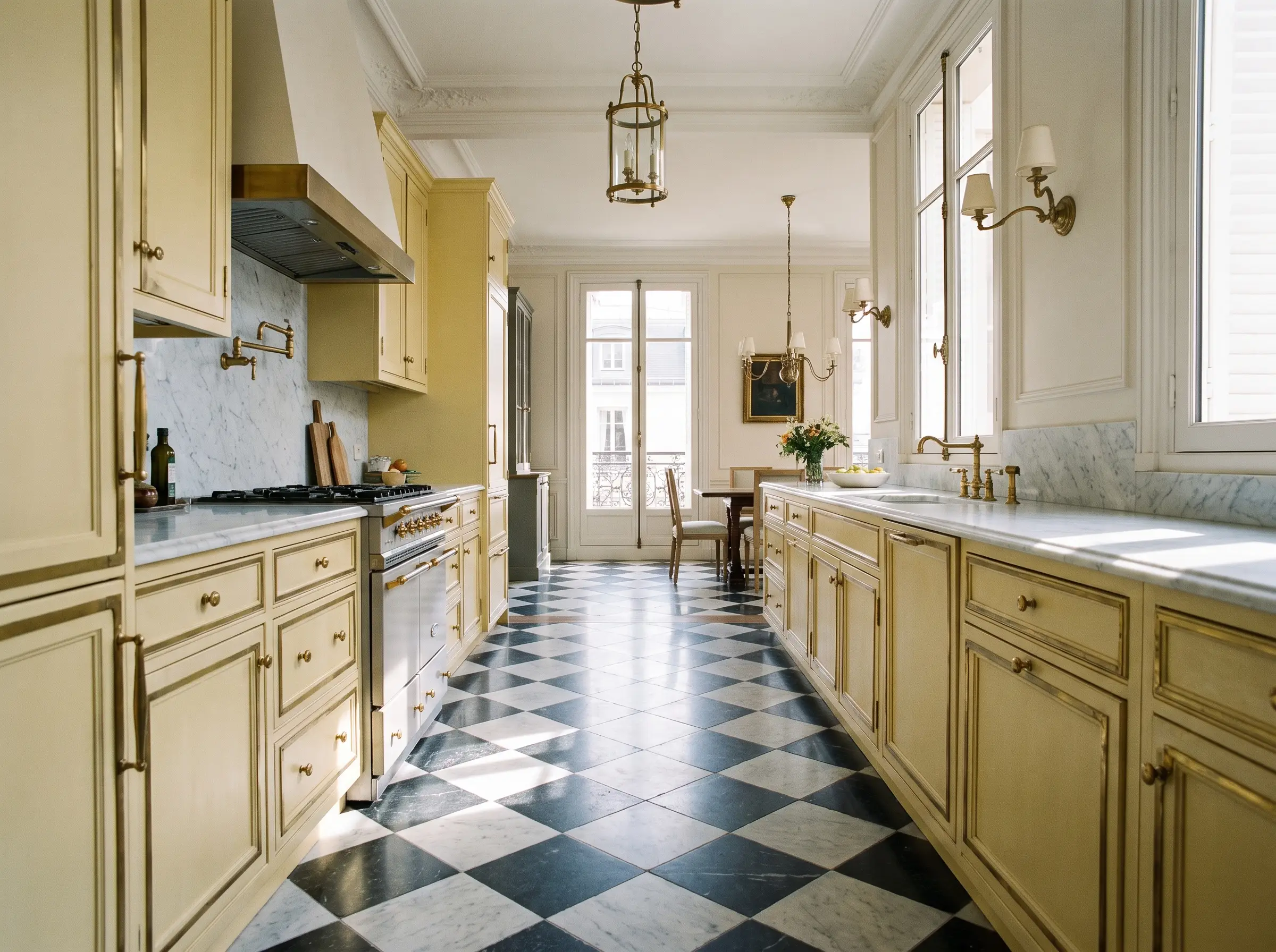 Tumbled Carrara and Nero Marquina marble tiles in a diagonal checkerboard pattern anchor a run of pale yellow galley cabinetry with brass detailing.