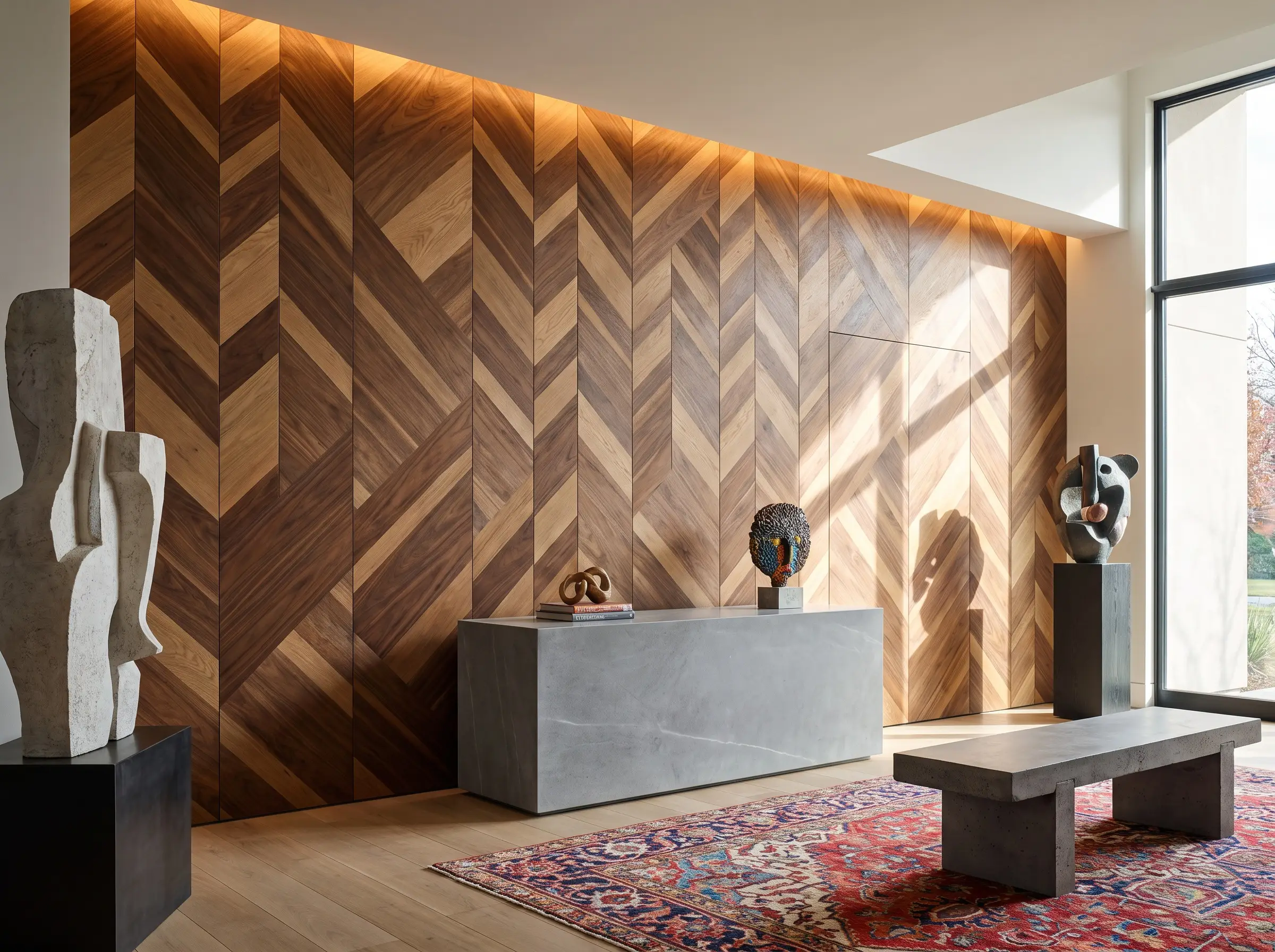 Mixed-tone walnut and oak veneer tiles laid in an asymmetrical chevron pattern provide a kinetic backdrop for a smooth monolithic stone console table.