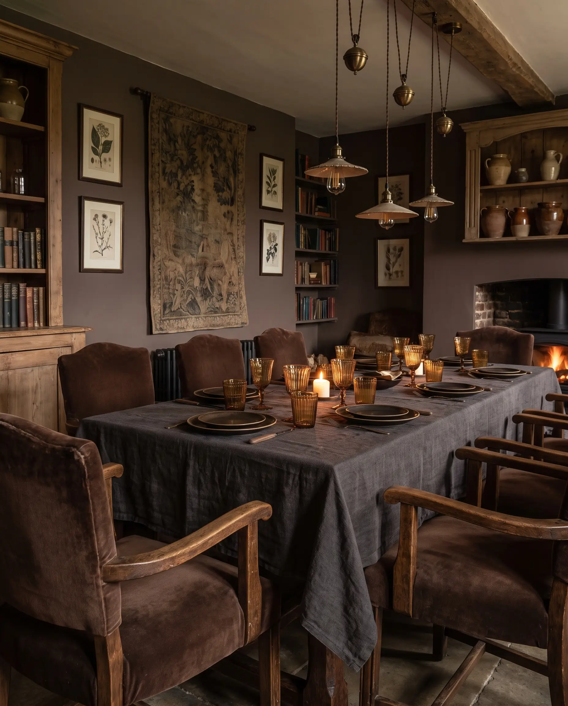 Chocolate brown velvet dining chairs surround a dark walnut wood table set with ribbed amber glassware and a raw linen tablecloth for thanksgiving tablescape inspiration.