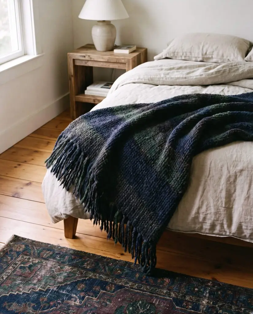 A highly textured fringed chunky knit wool throw blanket is casually draped across the foot of a neatly made bed.