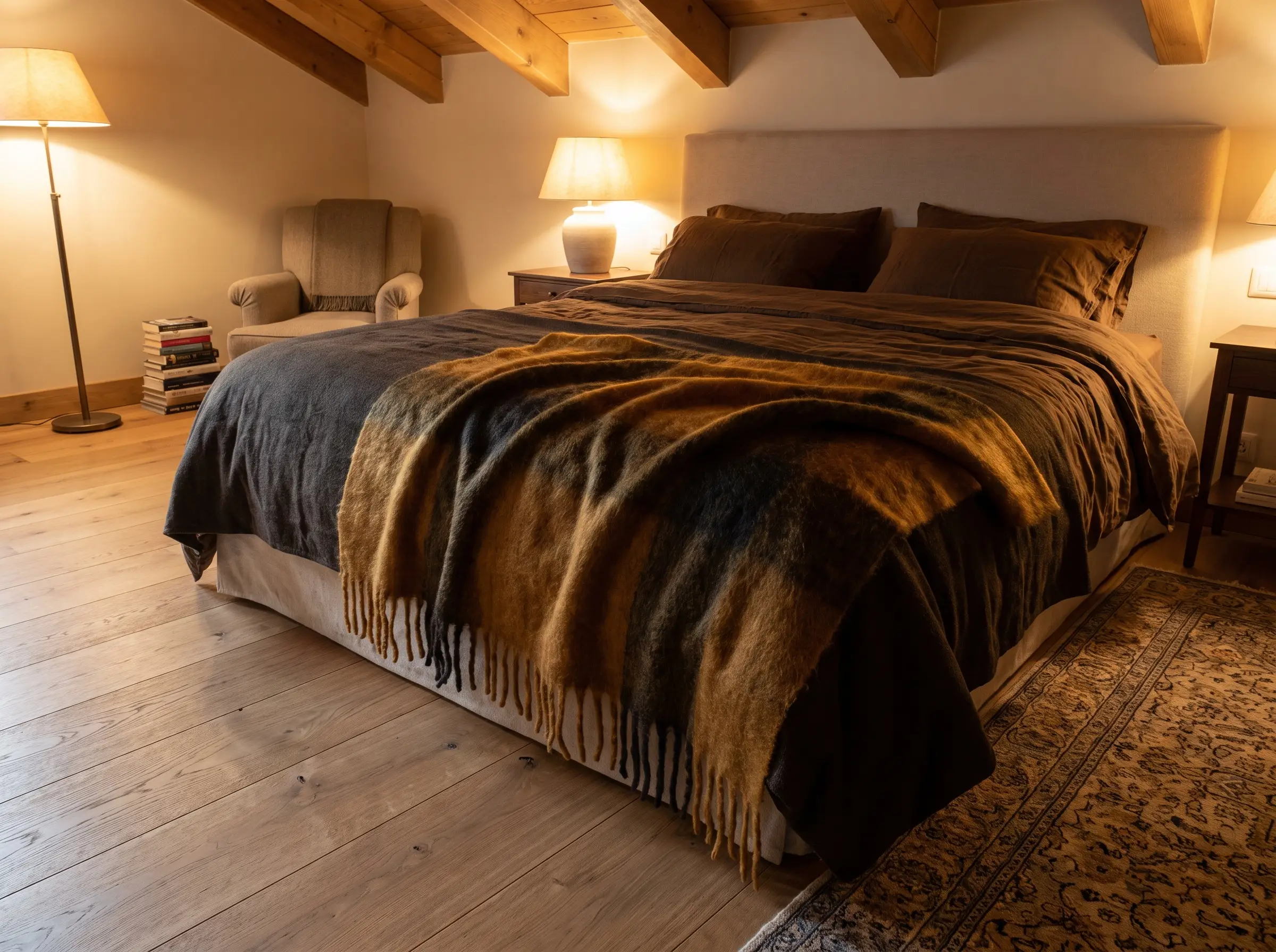 A dense fringed mohair throw blanket rests at the foot of a bed dressed in heavyweight linens over natural wood flooring.