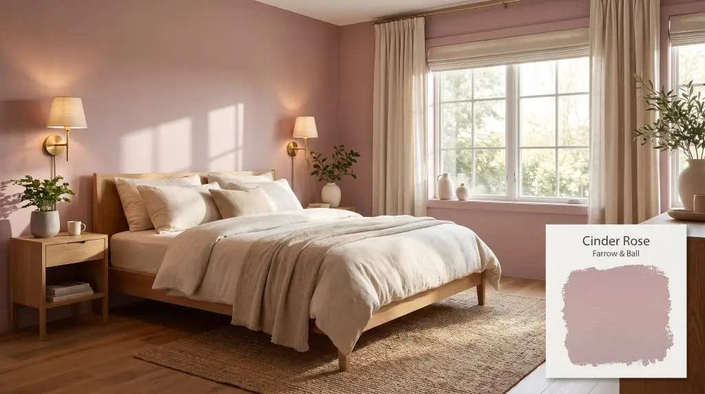 Natural linen bedding and brass wall sconces highlight the minimalist bedroom walls painted in Farrow & Ball Cinder Rose (Hex #c2a2a7).