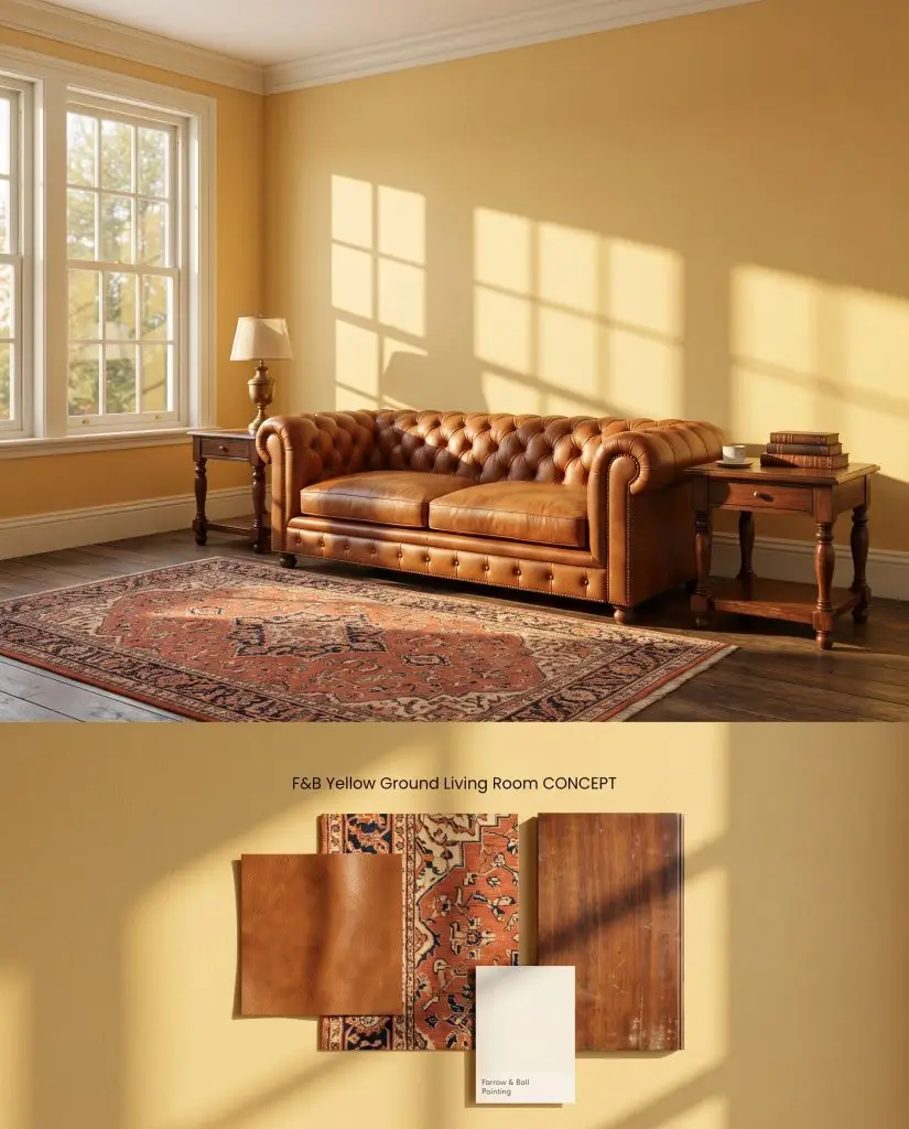 Split conceptual rendering testing a classic living room with warm yellow walls, positioned above a flat-lay of cognac leather and mahogany.