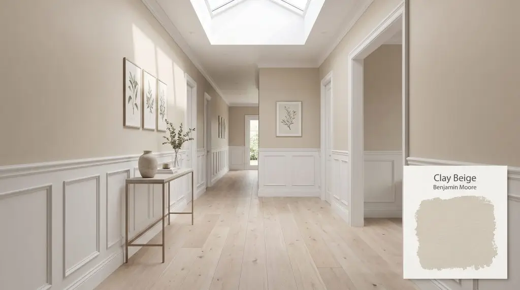 Wide-plank white oak floors and crisp white wainscoting line an airy hallway finished in Benjamin Moore Clay Beige (Hex #D9CFBB).