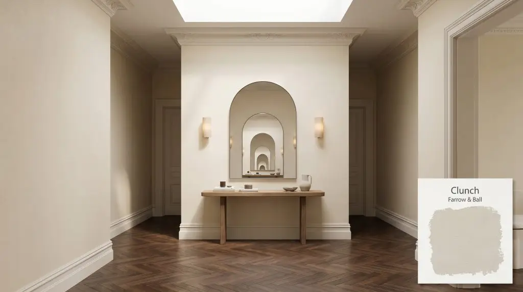 Dark herringbone hardwood floors and an arched mirror contrast with the spacious hallway walls in Farrow & Ball Clunch (Hex #e3dccb).