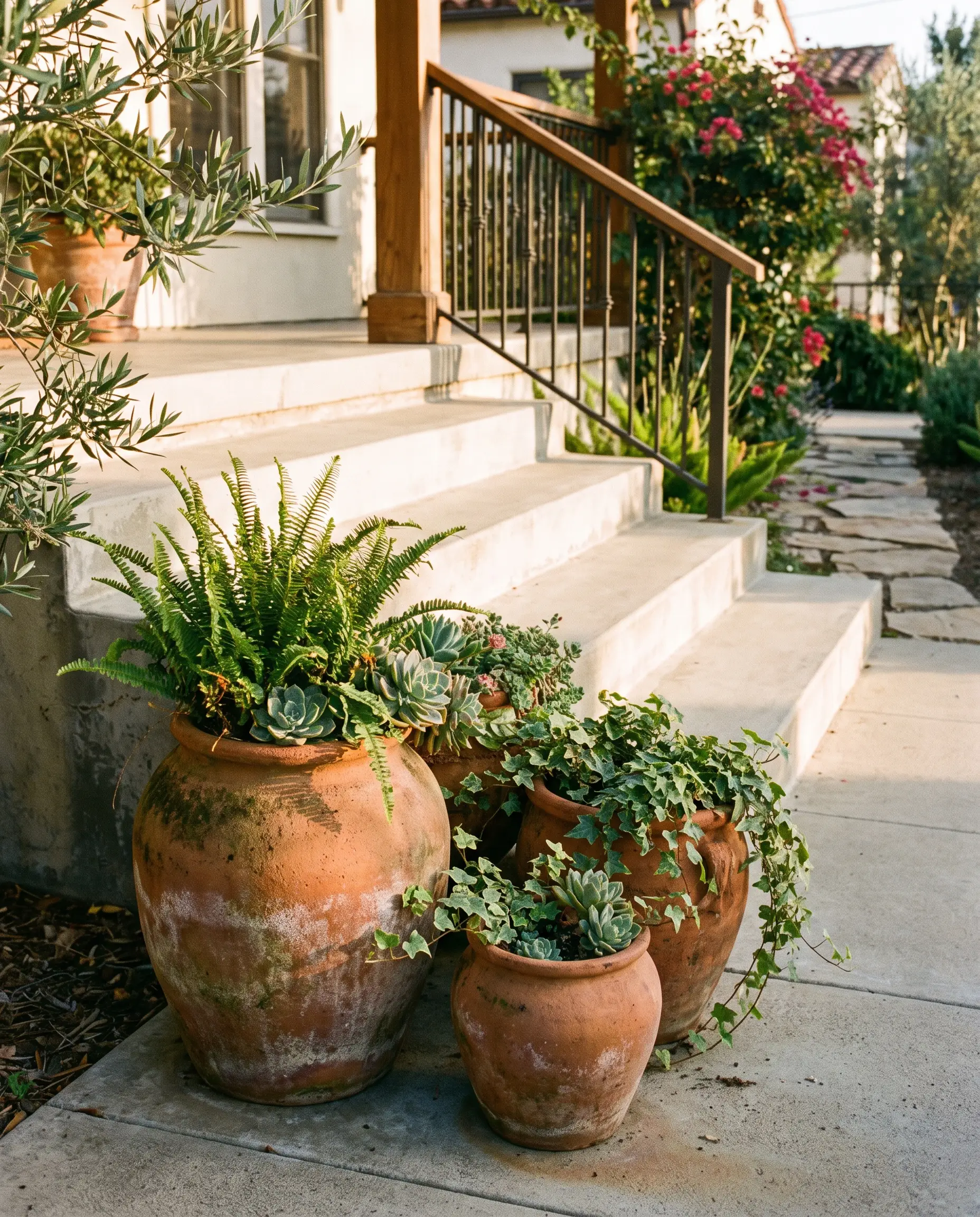 Three unglazed, naturally aged terracotta pots containing lush green plants are clustered at the base of wide concrete steps, softening the architectural transition.