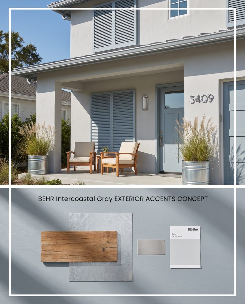 A structured conceptual board for an exterior featuring blue-gray window shutters, completed by a textured bottom section holding teak wood and galvanized steel.