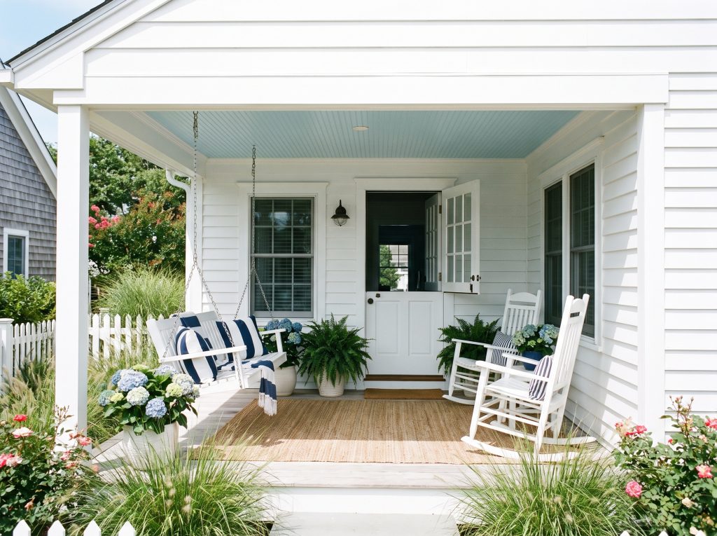 A crisp sky blue painted porch ceiling is framed by pure white fascia above a cozy white porch swing with navy striped pillows.