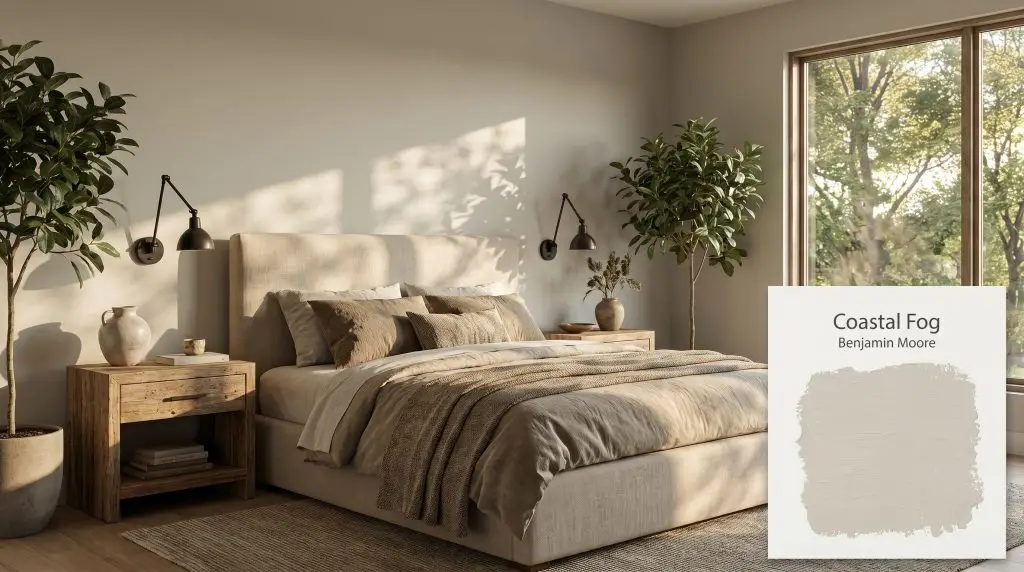 Rustic reclaimed oak nightstands and matte black sconces flank a natural linen upholstered bed against Coastal Fog (Hex #CAC4B0) walls.