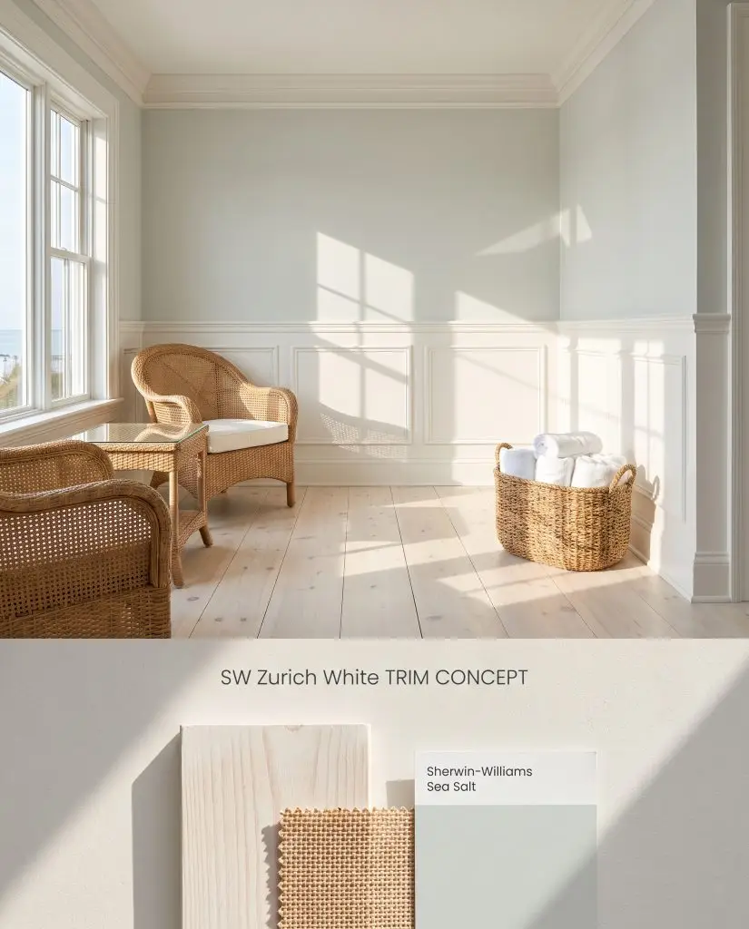 A divided conceptual board presenting warm white architectural trim over a tactile arrangement of whitewashed pine and woven rattan.
