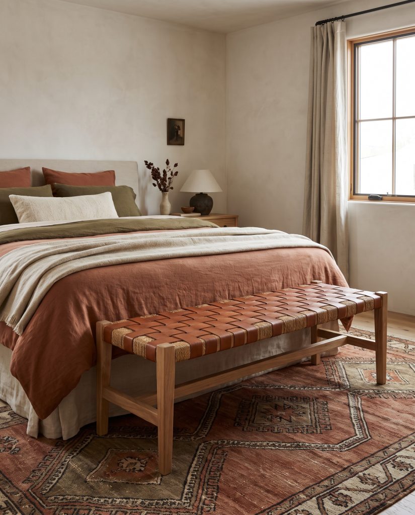 A cognac leather strapping and woven rush bench anchors the foot of a bed dressed in earthy layered bedding over a vintage wool rug.