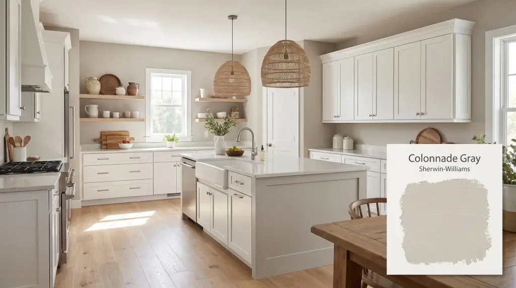 An open-concept kitchen featuring white shaker cabinets and oak floors surrounded by warm greige walls painted in Sherwin-Williams SW 7641 (Hex #C6C0B6).