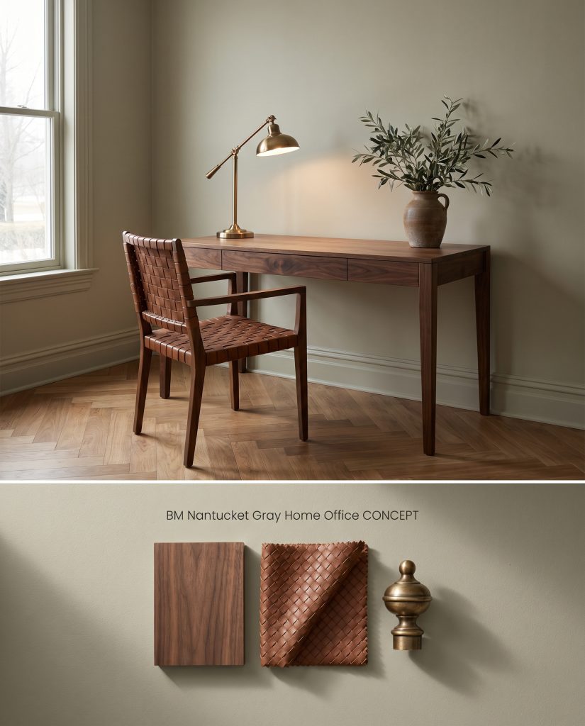 A two-part conceptual board featuring a color-drenched home office in a warm gray-green above a textured flat-lay of walnut and woven leather.
