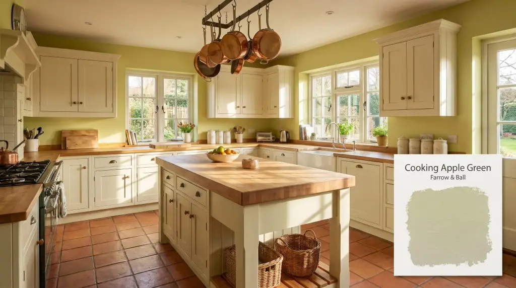 Cream-painted shaker cabinets and a butcher block island sit on terracotta floor tiles beneath yellow-green walls in Cooking Apple Green (Hex #c1c3a4).