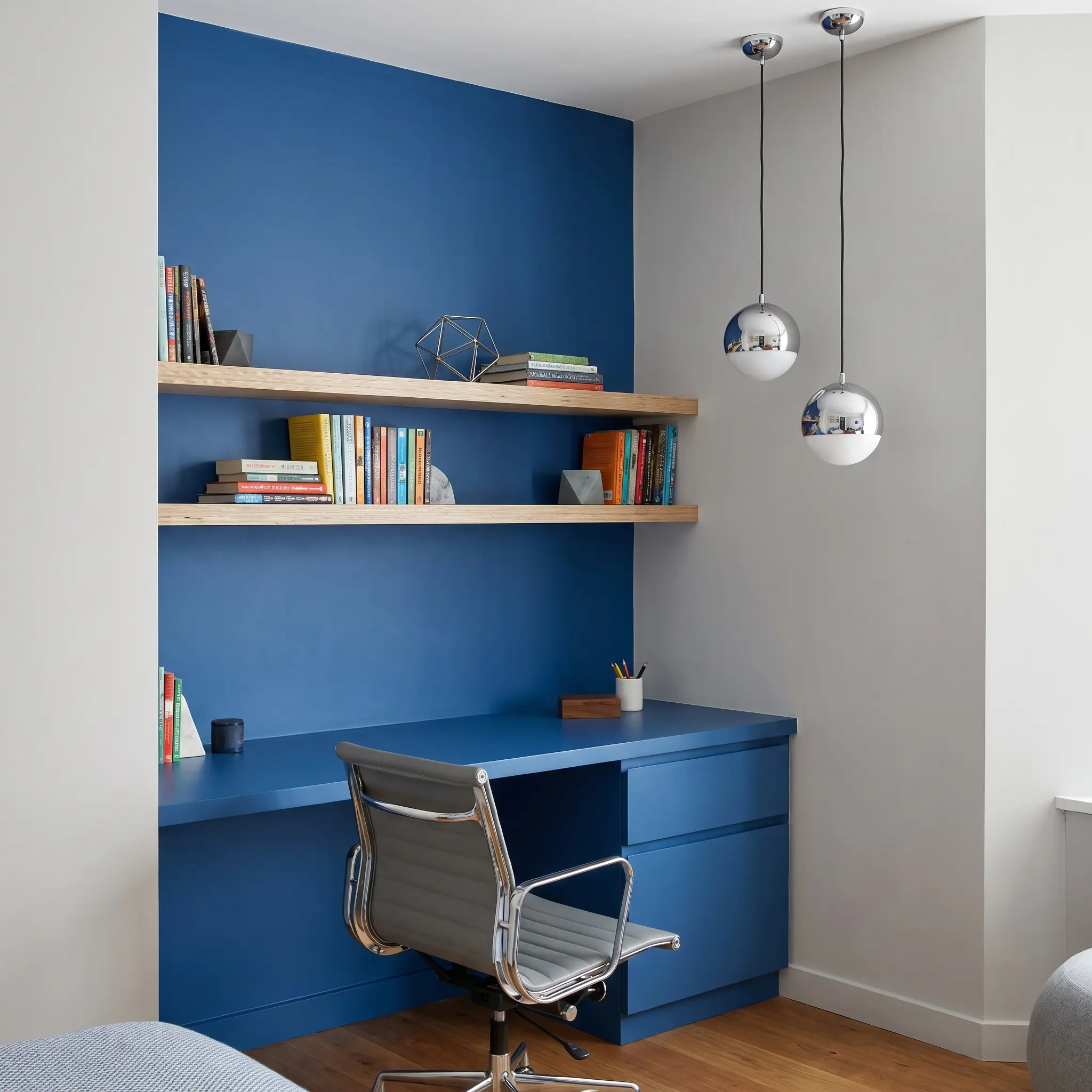 A vibrant Farrow & Ball Cook's Blue architectural feature wall and built-in desk pair with birch plywood shelving and sleek chrome lighting fixtures.