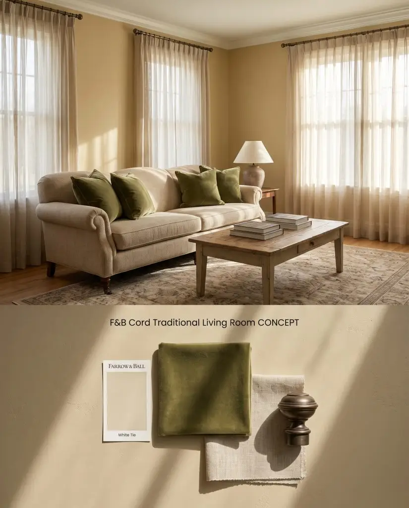 A dual-section visual tool displaying a warm beige living room with an English roll-arm sofa on top and olive green velvet samples below.