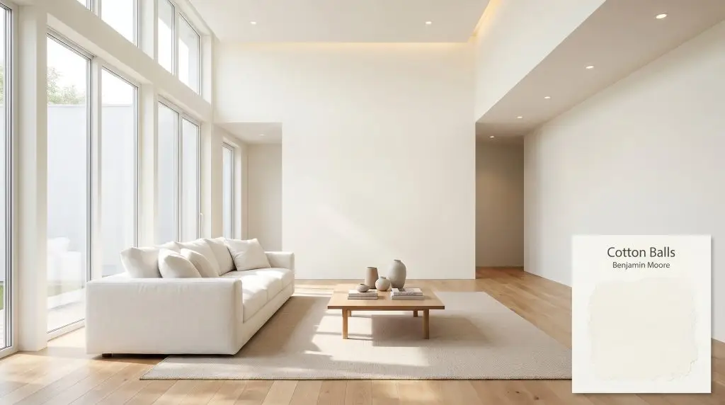 Bright natural light illuminates a white linen sofa and natural oak hardwood floors against walls painted in Benjamin Moore Cotton Balls (Hex #F5F6EB).