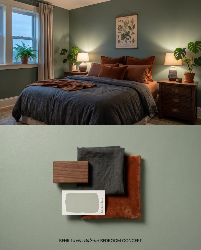 An 80/20 digital concept board depicting a bedroom with deep green walls, grounded by a physical flat-lay of dark walnut wood and charcoal linen.