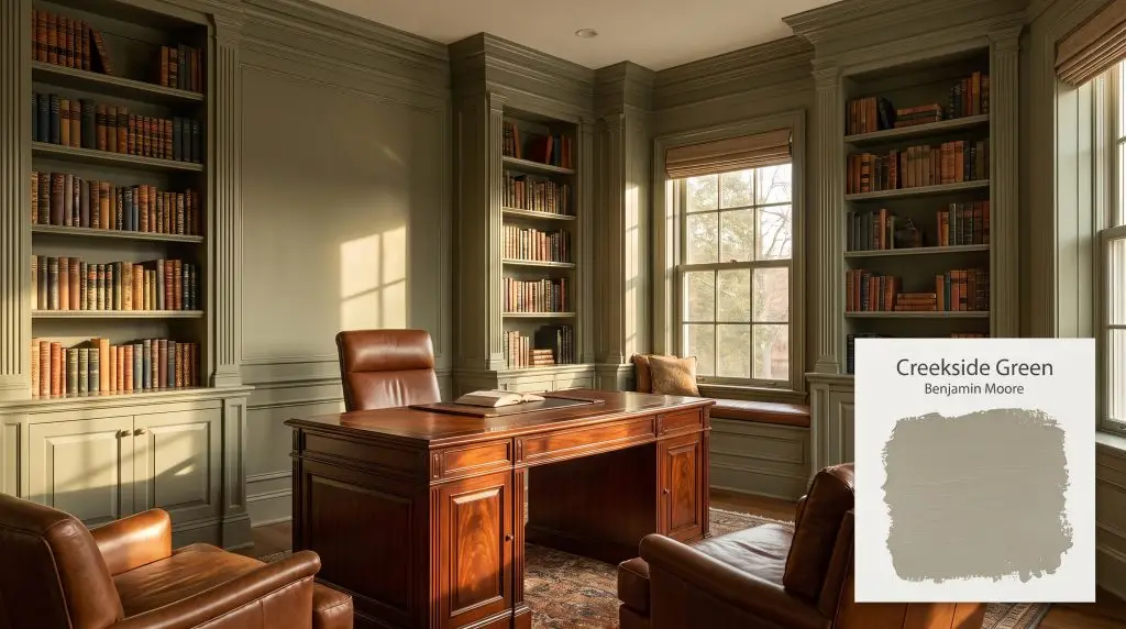 Built-in bookshelves and a rich mahogany desk define a library-style home office painted in Creekside Green (Hex #9A9885).