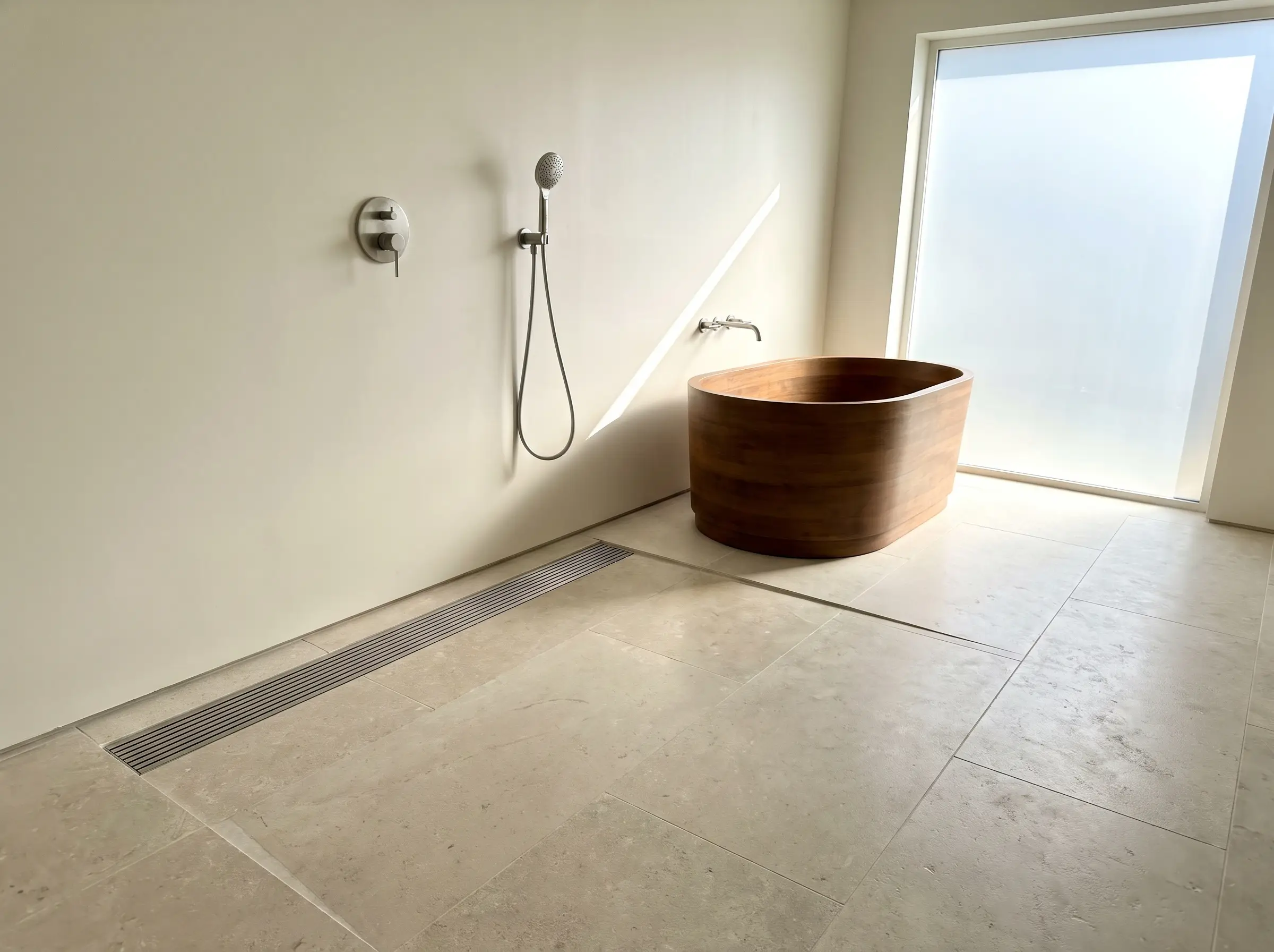 A handheld shower wand and a deep soaking tub sit exactly 18 inches apart on a curbless flat floor in this japanese bathroom design.