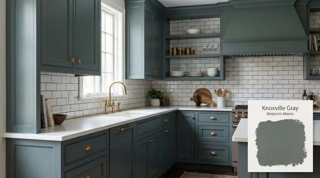 Custom kitchen cabinets finished in Knoxville Gray (Hex #5E6C6C) feature unlacquered brass hardware, white quartz countertops, and a classic subway tile backsplash.