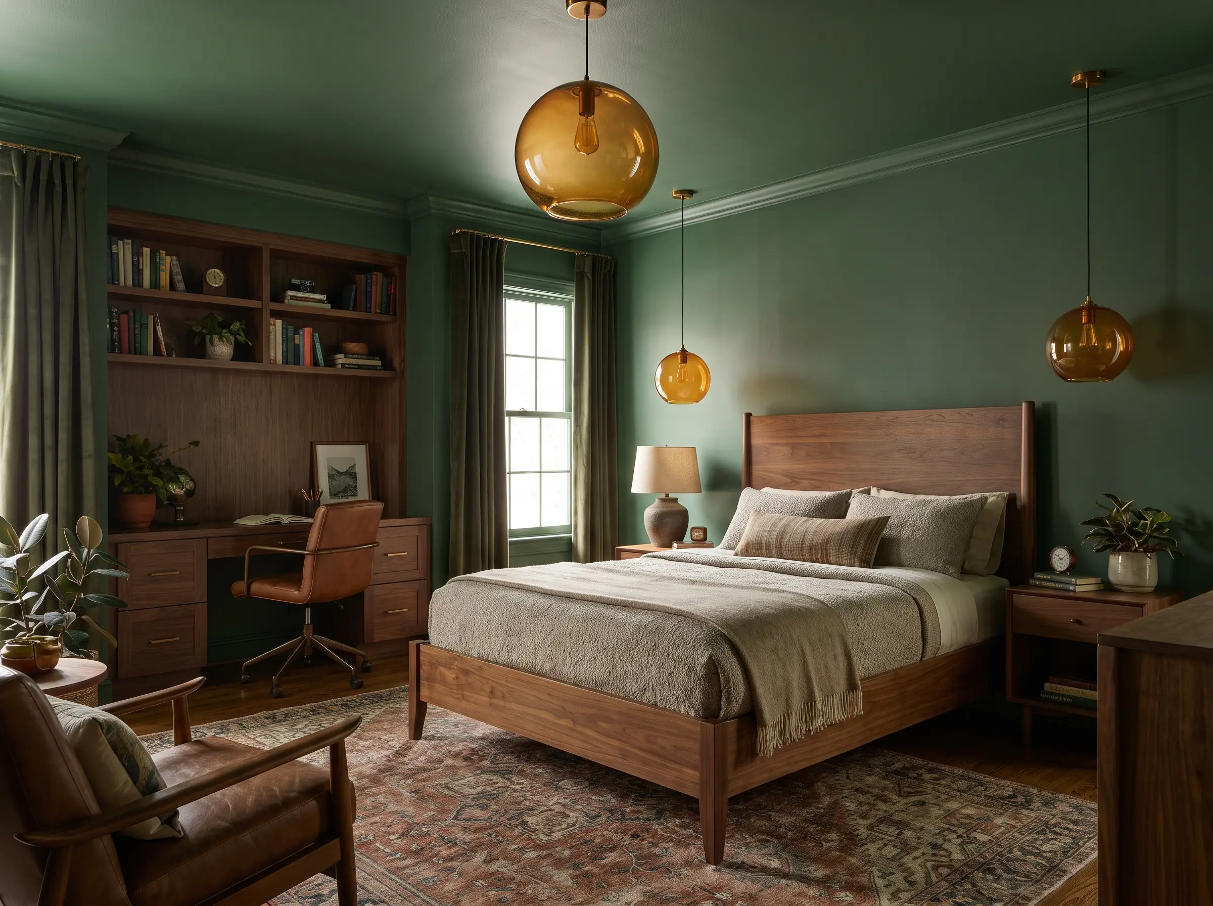 Saturated Benjamin Moore Dark Olive walls envelop a medium-tone walnut bed, a cozy study desk, and warm amber glass lighting fixtures.