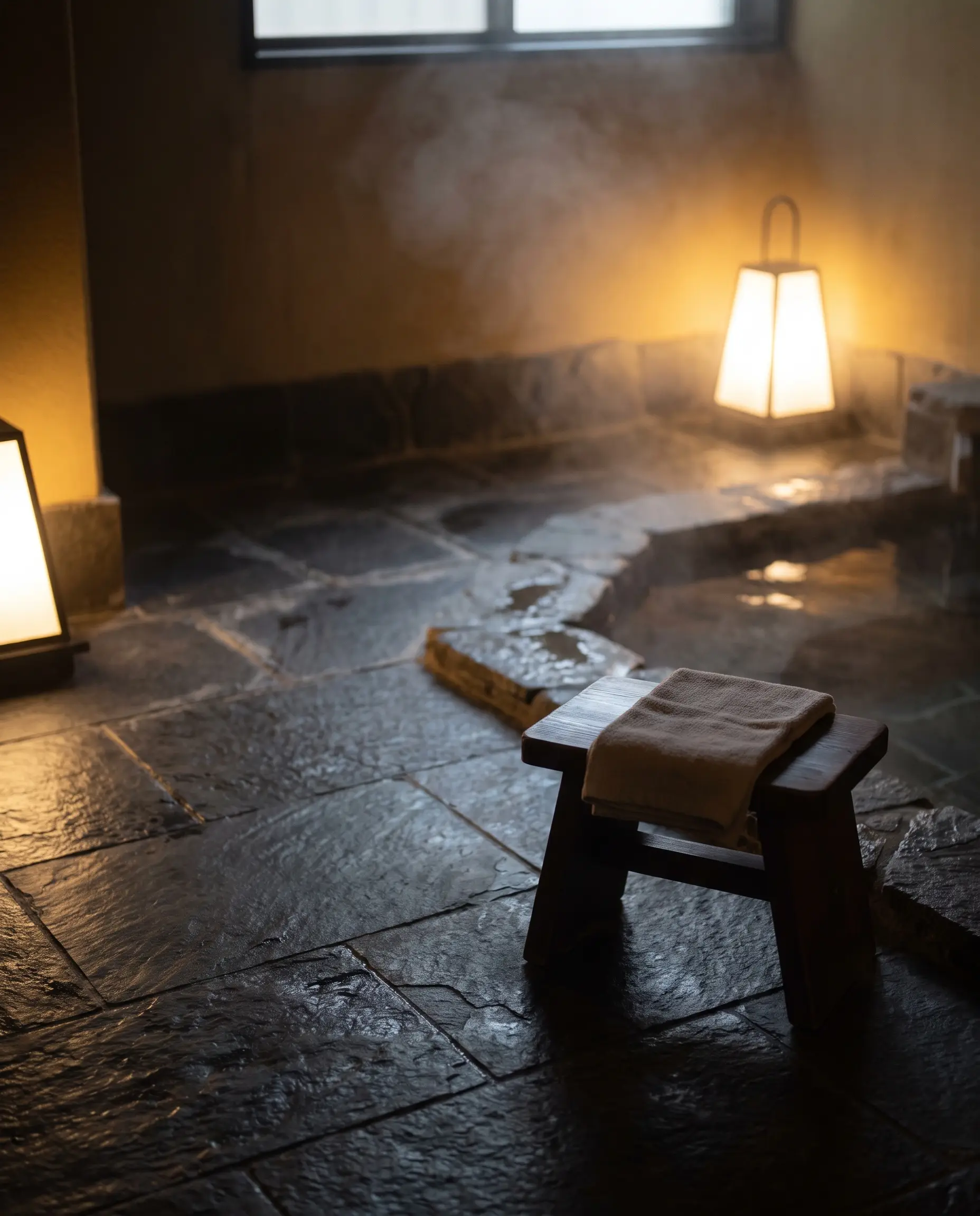 A traditional wooden bath stool rests on dense dark slate and basalt floor tiles that radiate warmth throughout the groutless stone surface.