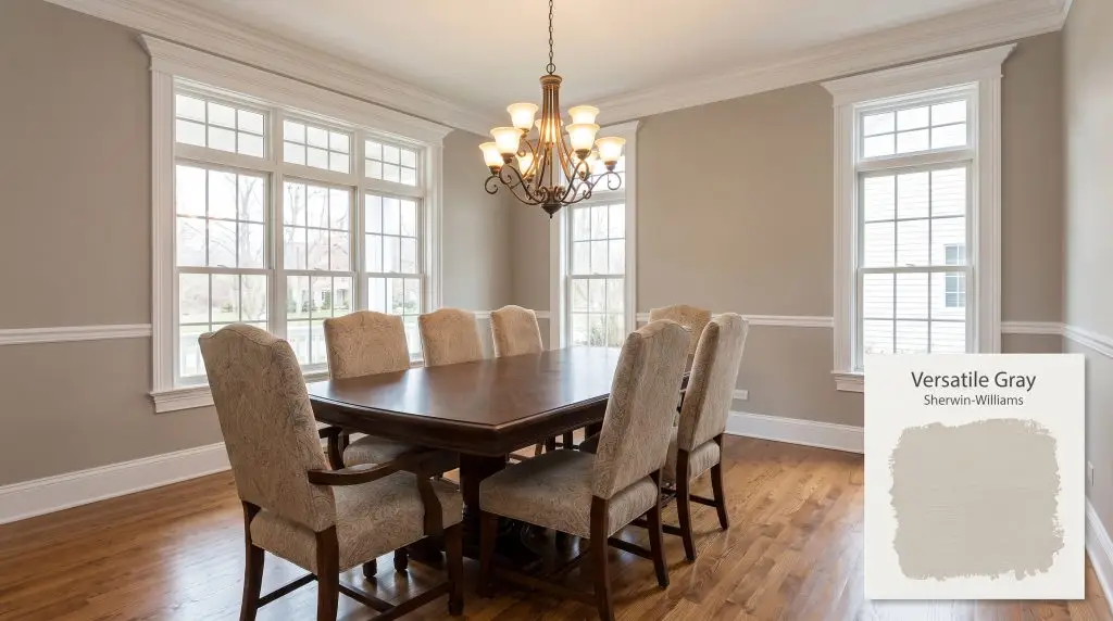 Upholstered chairs surround a dark walnut dining table framed by large windows and walls finished in Sherwin-Williams Versatile Gray (Hex #C1B6AB).