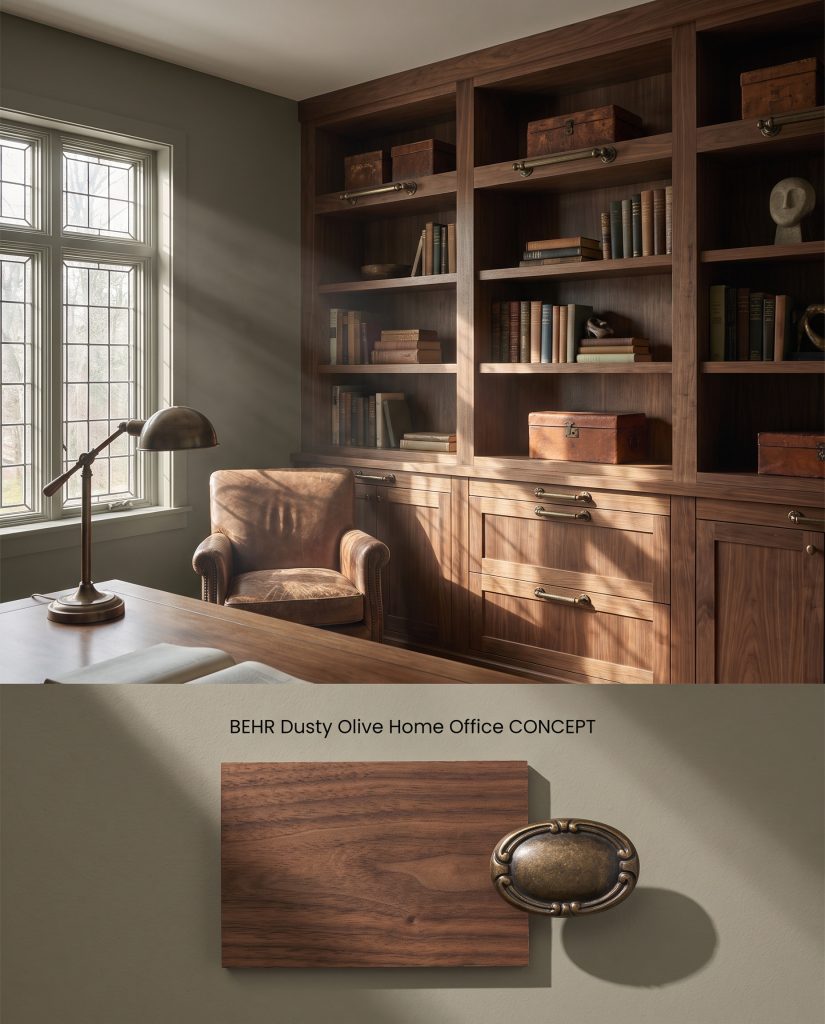 A split conceptual board illustrating a moody home office painted in an earthy green tone on top, paired with a flat-lay of dark walnut and antique bronze below.