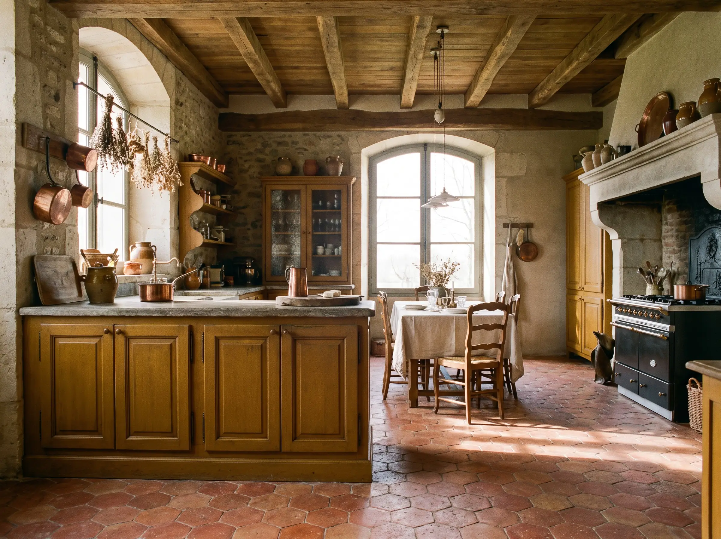 Raw handmade terracotta hex tiles ground deep ochre lower cabinetry and rustic exposed wooden beams in this inviting European-inspired yellow kitchen.