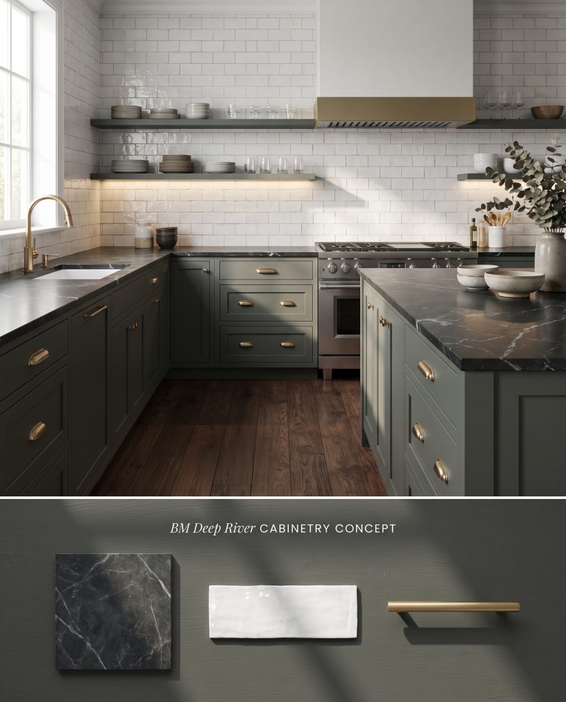 A split conceptual visualization showing a moody kitchen with dark gray painted cabinets above a flat-lay of soapstone and zellige tile.