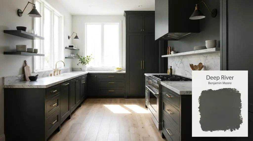 Honed white marble countertops and unlacquered brass hardware complement custom kitchen cabinetry painted in Benjamin Moore 1582 (Hex #4B4E4A).