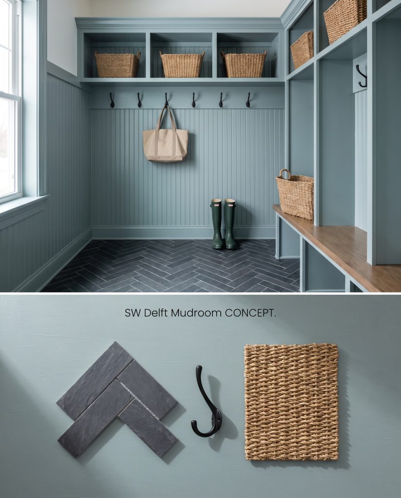 A digital material board displaying a mudroom with blue-gray beadboard paneling above a flat-lay of charcoal slate tile and matte black hardware.
