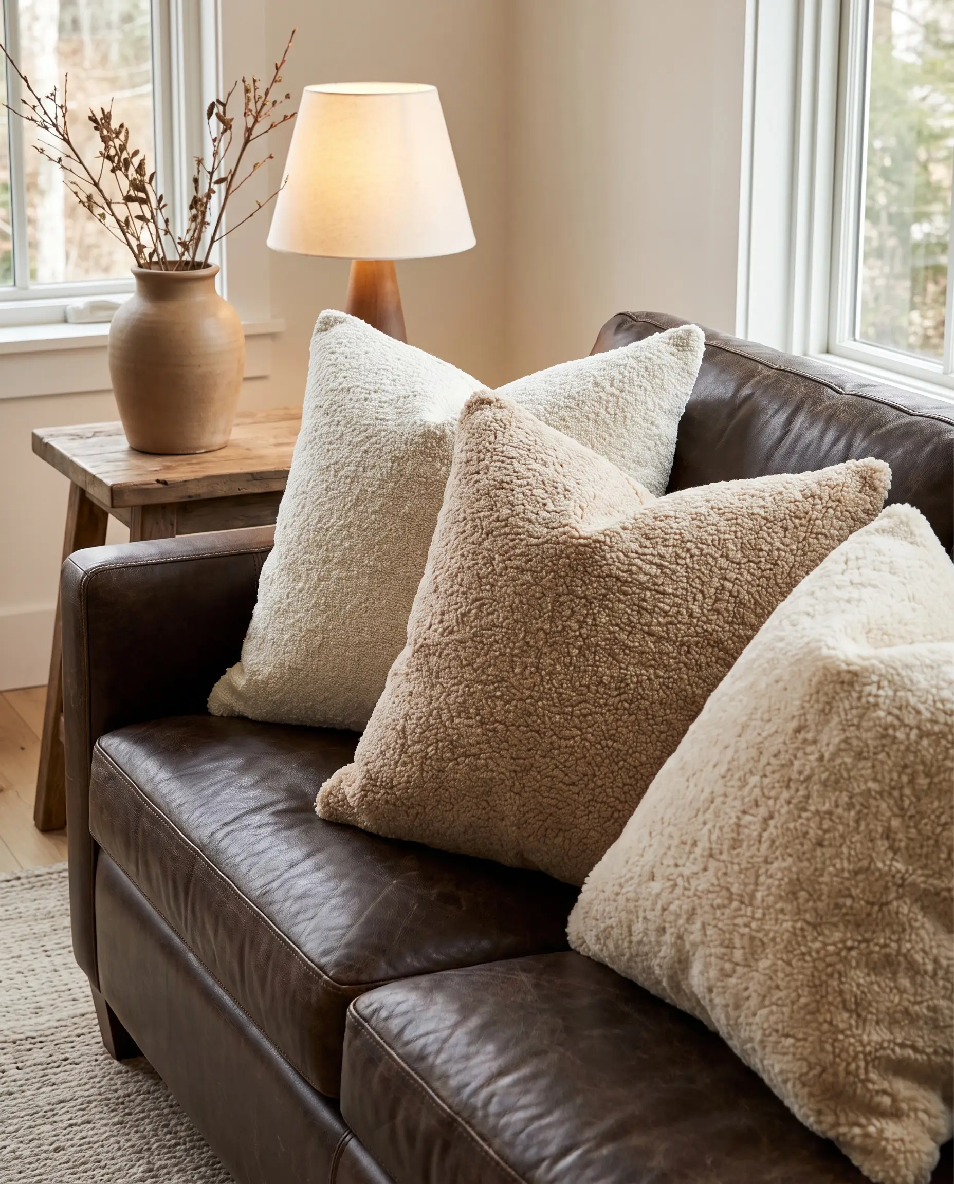 Nubby bouclé and shearling cushions with heavyweight memory foam inserts physically grip the grain of a smooth sofa next to a ceramic vase.