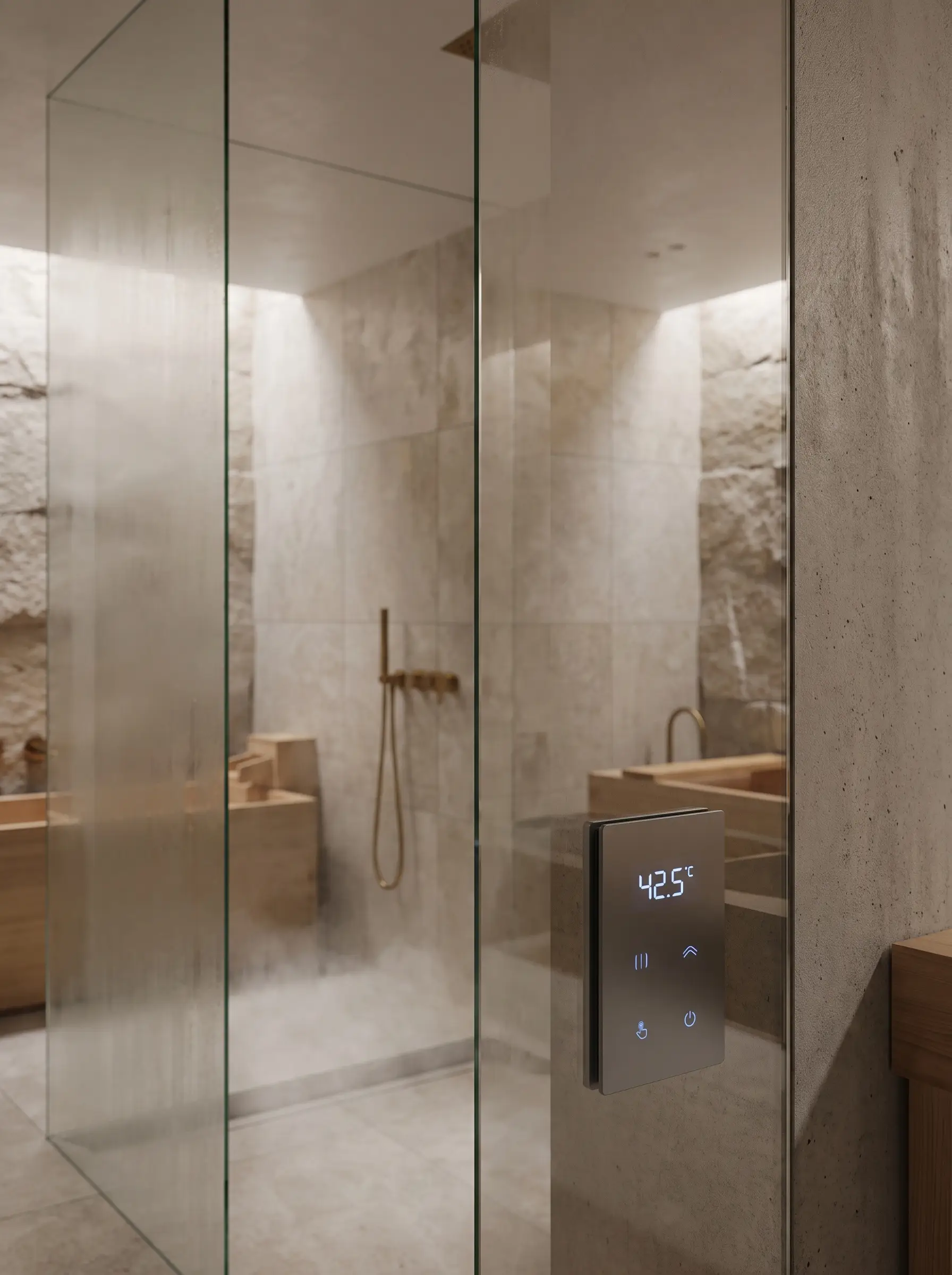 A sleek flush-mounted matte metal digital thermostatic shower valve panel displays the water temperature on the dry side of a frameless glass enclosure.