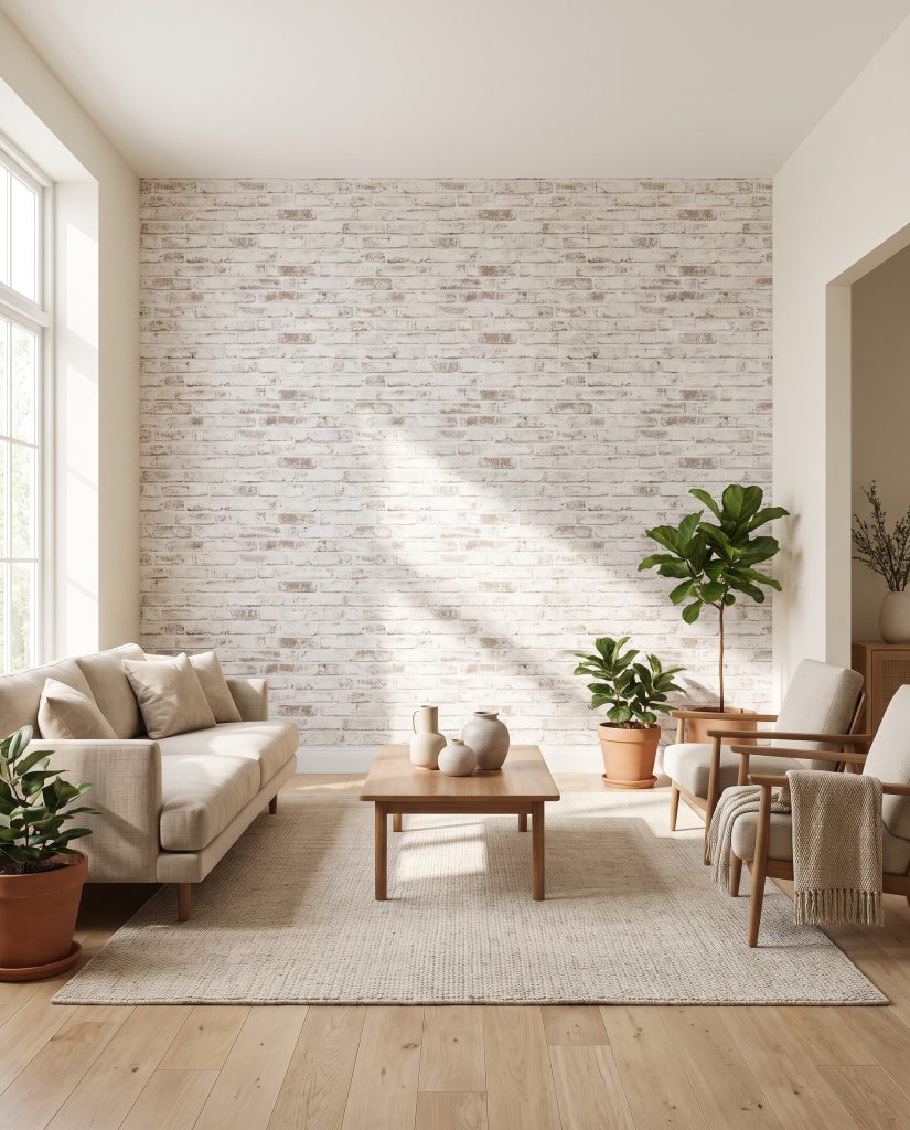 Light European oak floors and raw linen textiles complement a distressed whitewashed white brick wallpaper wall alongside Sherwin-Williams Alabaster drywall.
