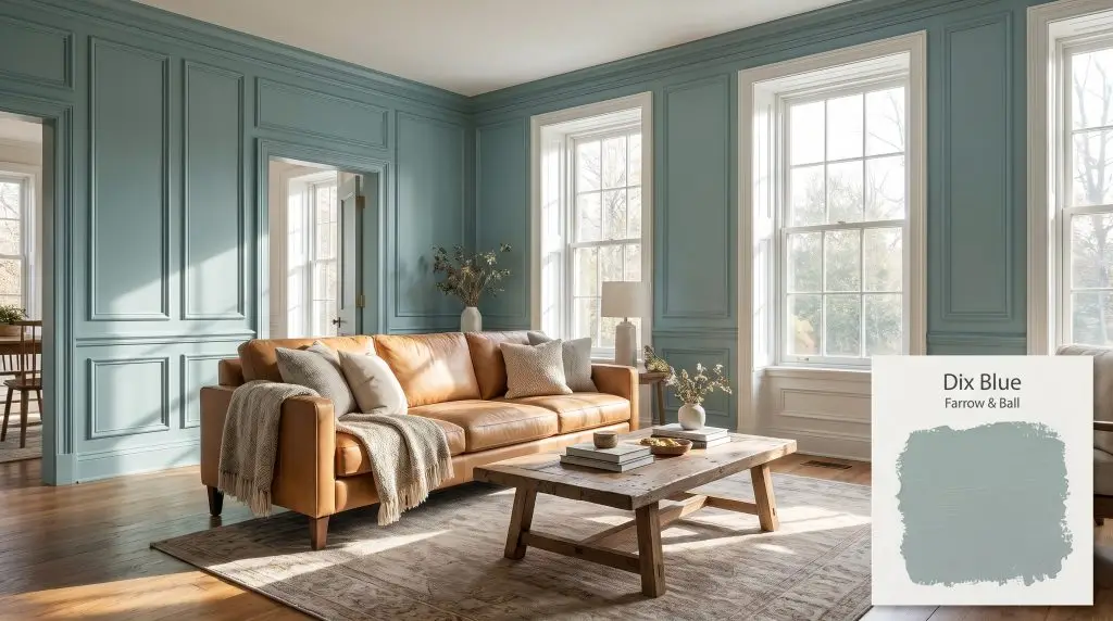 A tan leather sofa and rustic wood coffee table sit gracefully against panelling finished in Farrow & Ball Dix Blue (Hex #96afac).