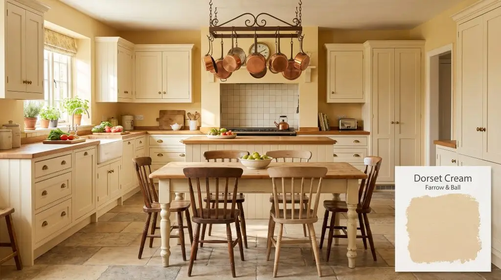 Shaker cabinets and butcher block countertops bring warmth to a welcoming country kitchen painted in Farrow & Ball Dorset Cream (Hex #e9d0a3).