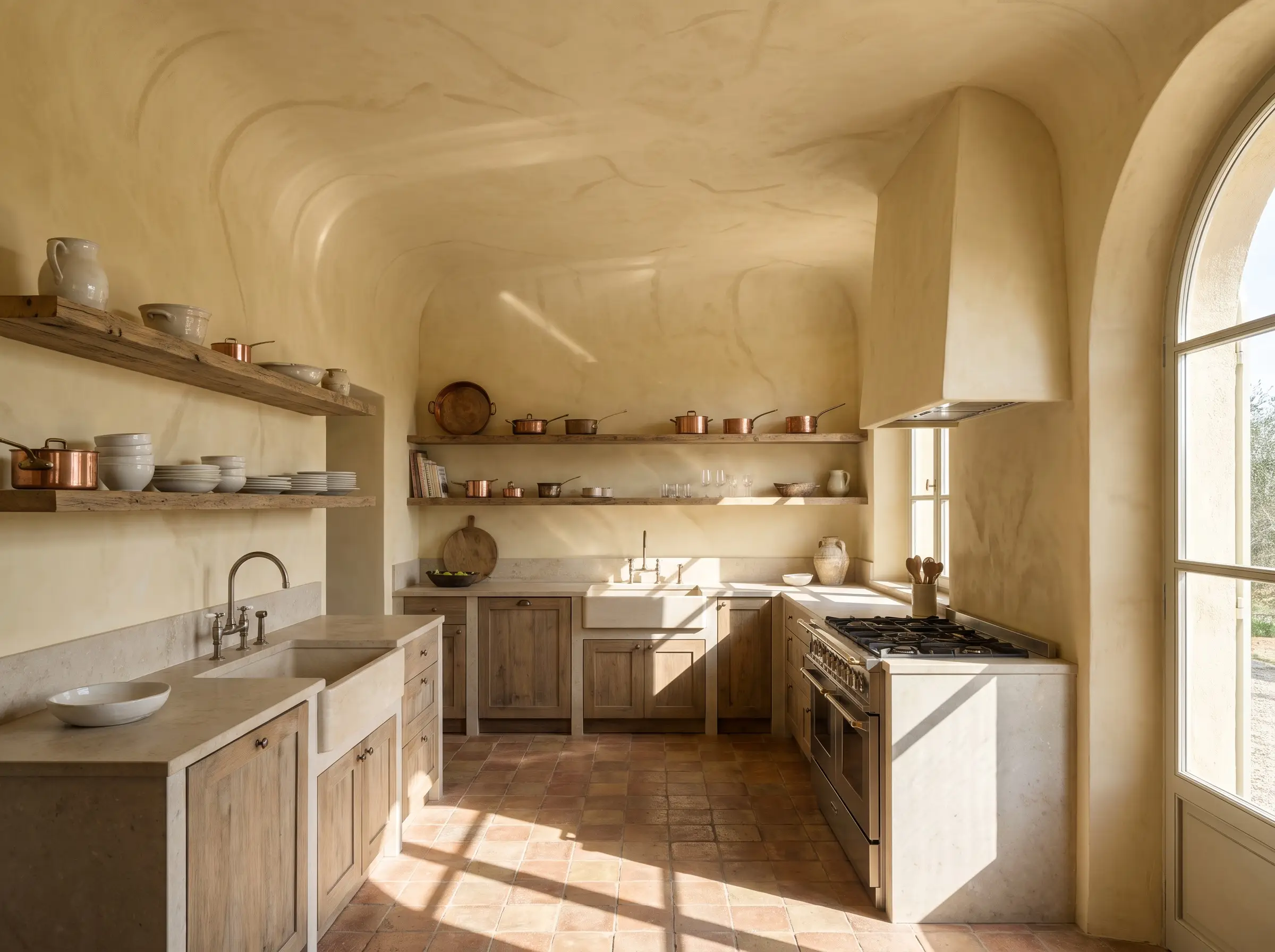 Farrow & Ball Dorset Cream Roman clay plaster coats the curved walls and ceiling above rustic wooden open shelving in a European villa space.