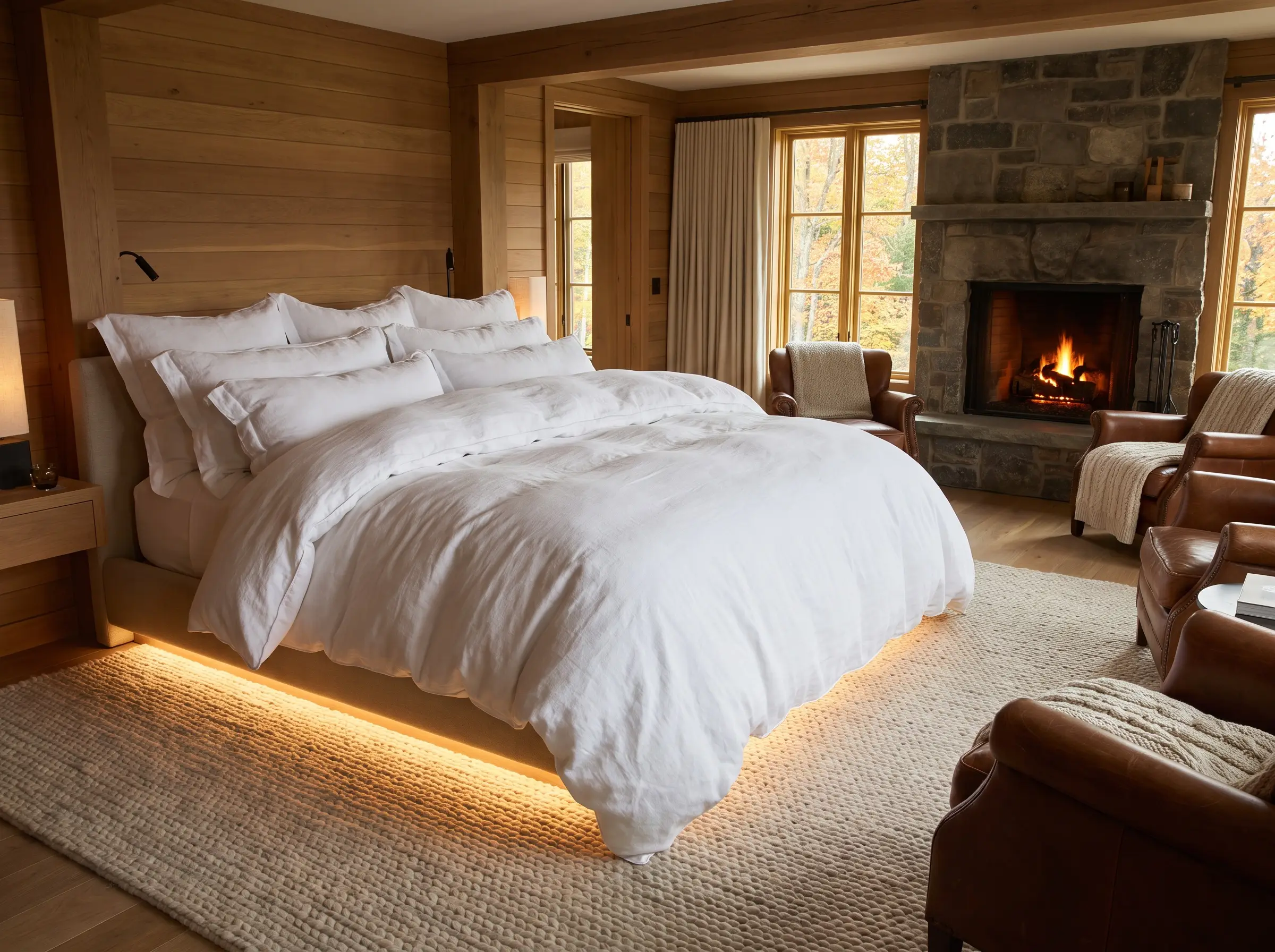 A massive high-loft duvet inside an oversized linen cover creates a cloud-like bed resting above a textured rug and warm wood flooring.