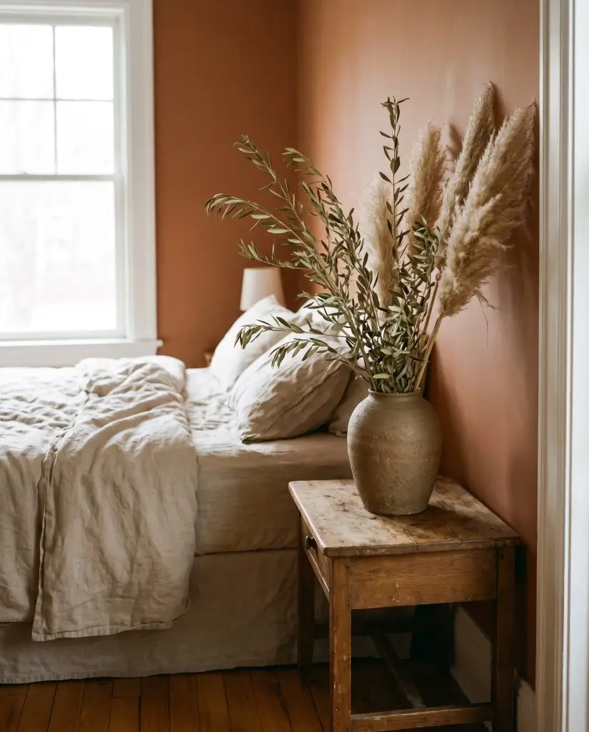 Tall dried olive branches and pampas grass fill a hand-thrown ceramic vase resting on a vintage wooden nightstand beside a linen-draped bed.