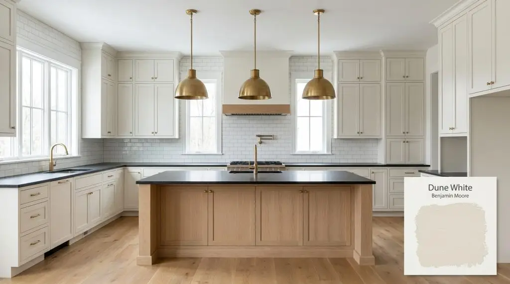 Honed black granite countertops and brass pendant fixtures complement spacious kitchen cabinetry painted in Benjamin Moore Dune White (Hex #ECEAE0).