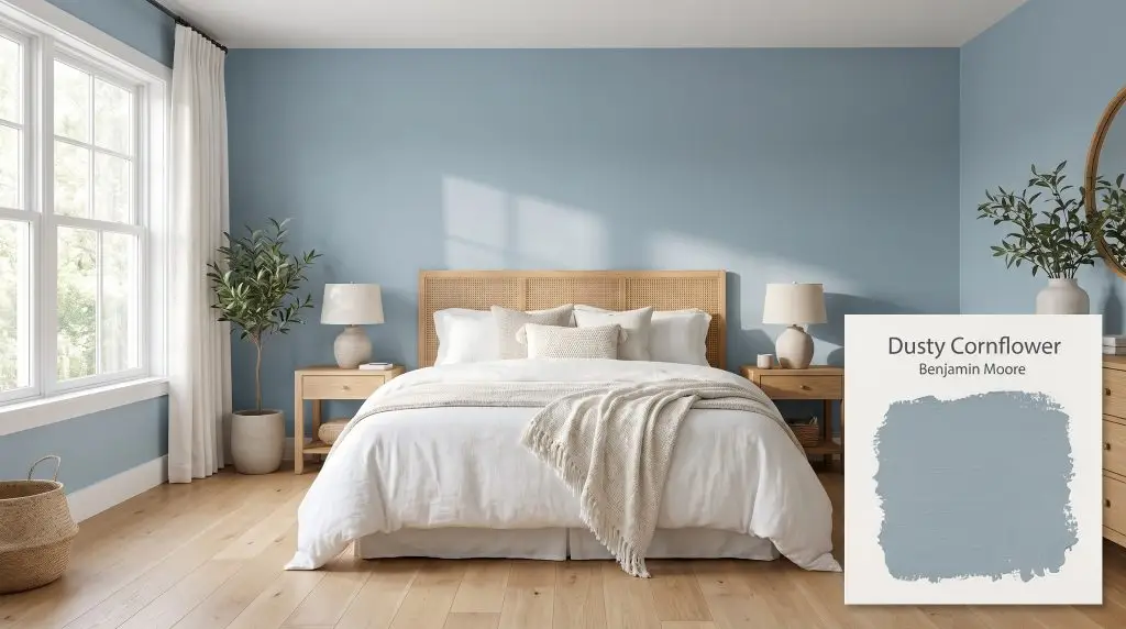 Crisp white linen bedding and a simple woven rattan headboard sit against walls painted in Benjamin Moore Dusty Cornflower (Hex #8CA4AD).
