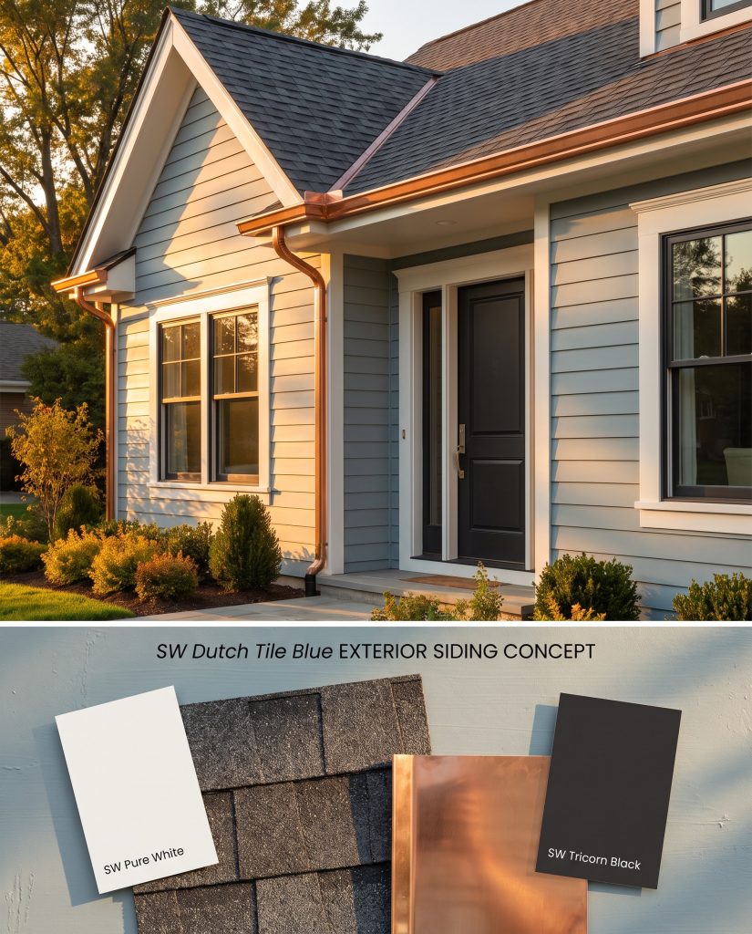 A conceptual split board showing a blue-green house exterior with copper gutters above, over a textured charcoal shingle and copper flat-lay.