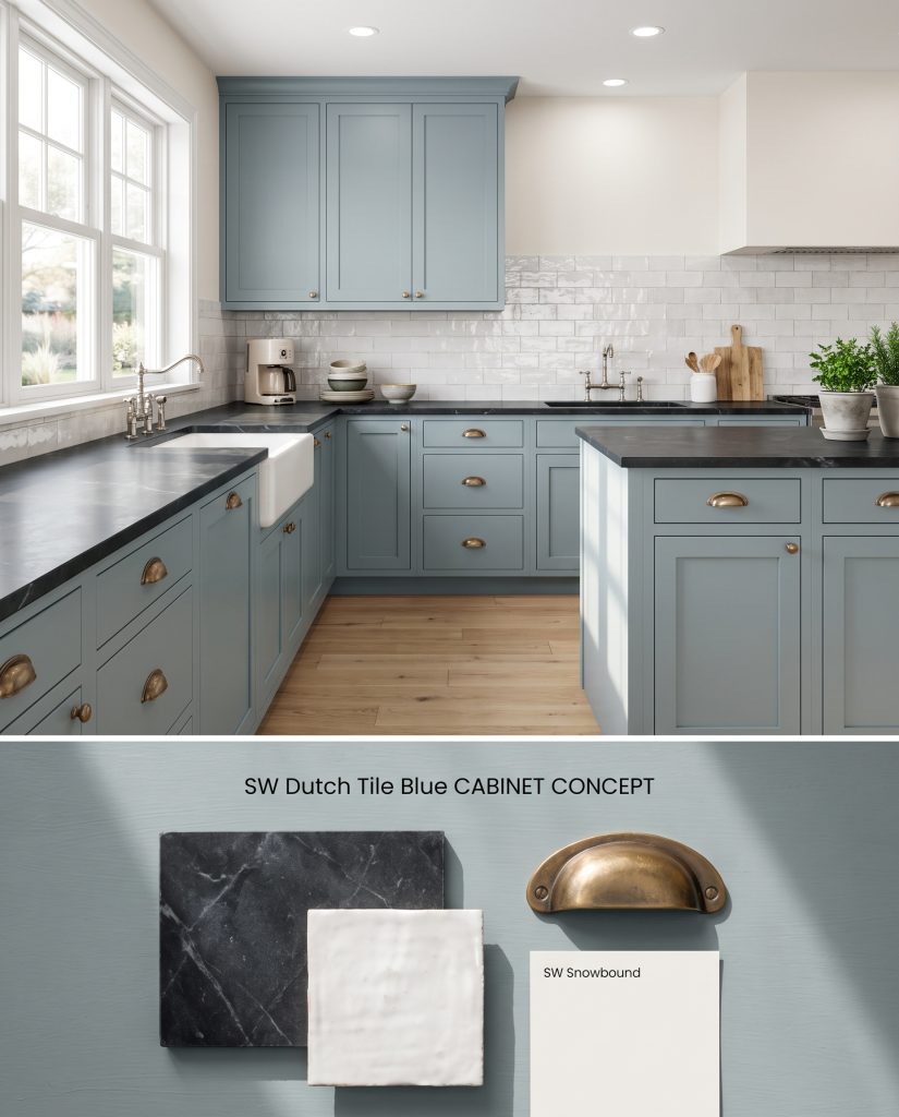 A composite digital board featuring muted teal shaker cabinets on top, and corresponding physical honed soapstone and unlacquered brass materials underneath.
